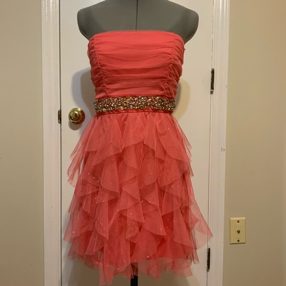 EUC Deb Strapless Coral Sparkly ruffles Prom/ Cocktail mini Dress - Picture 1 of 9